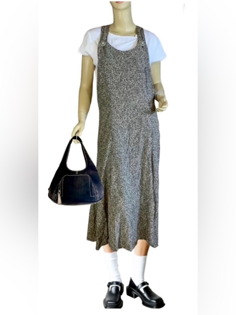 VINTAGE 1990'S ADAGIO BLACK AND CREAM DOT  PRINT JUMPER DRESS (XL)